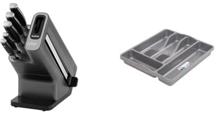 Ninja Foodi StaySharp Knife Block with Integrated Sharpener, 5-Piece Knife Set Includes Chef Knife & Wham Silver 5 Compartment Plastic Cutlery Holder Tray Drawer Organiser Rack