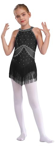 JEATHA Maillot Gimnasia Ritmica Niña Vestido Sin Mangas con Borlas Leotardo De Gimnasia Ropa De Patinaje De Competición Profesional Negro E 7-8 años