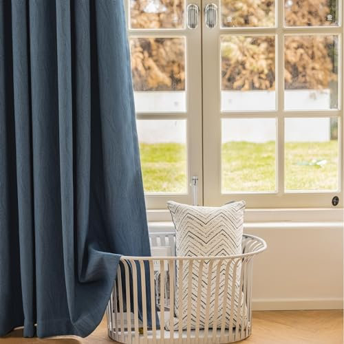 Vorhänge Blickdichter Schlafzimmer Blau mit Ösen 138 cm Hoch, Einfarbig Jacquard Fenster Gardiene Chenille 2 Stück Verdunklungsgardine für Wohnzimmer, 138x96 cm(Höhe x Breite)