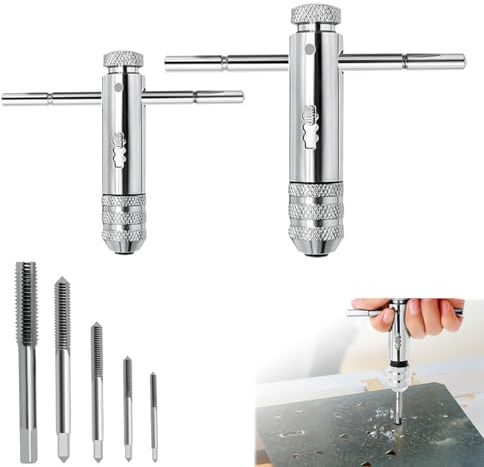 OXRXRO 2 Stück T Griff Windeisen Ratsche,T-Griff Ratsche Gewindeschneider, mit M3,M4,M5,M6,M8 Hand Gewindeschneider Set,T-förmigen Schraubenschlüssel Kit für Metrische Gewindebohrer M3-M8/M5-M12