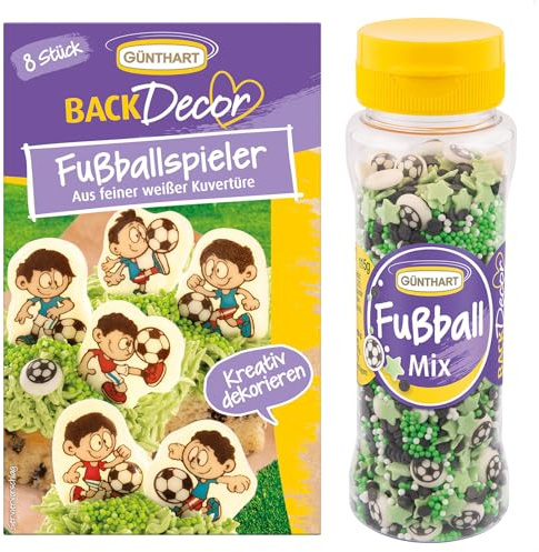 GünthartBackDecor Fußball Set 8 essbare Schoko Fußballer aus weißer Schokolade und Fußball Streusel Mix aus Zucker aus 3 essbare Zucke Dekoration