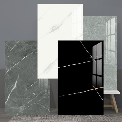 Kitchen Vinyl Floor Sticker Tile Self-Adhesive Oilproof PVC Flooring Sticker Tile Waterproof for Living Room Bathroom Peel and Stick Backsplash Decorative 60x30CM (Marble Black)