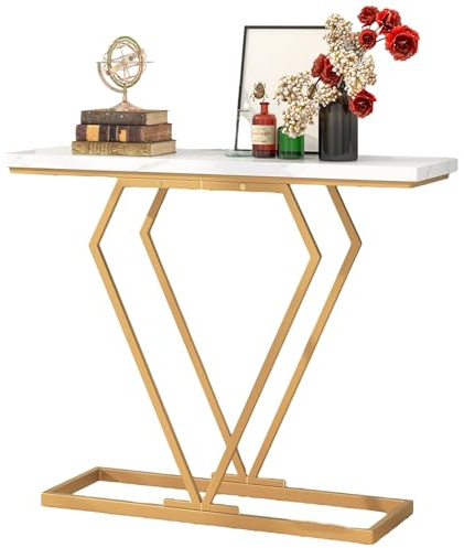 LIFEZEAL Konsolentisch Marmor, Eingangstisch mit Metallrahmen in Diamantform, Flurtisch für Eingangsbereich, Wohnzimmer, golden, 100 x 29,5 x 80 cm