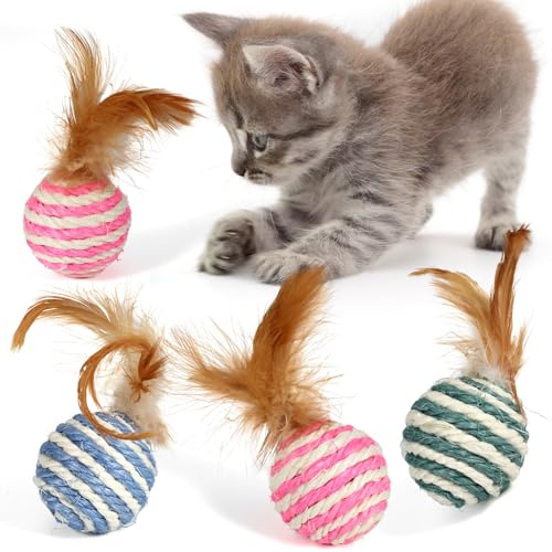 SRIZIAN 4 Stück Katzenspielzeug Bälle, Katze Feder Spielzeug, Katze Spielzeug Bälle mit Feder, Interaktive Cat Toy Ball Kätzchen Spiel Sport Chase Training Spielzeug Ball