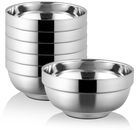 WANBY Edelstahl-Schüsseln, 6-teilig, Metall, leicht, unzerbrechlich, doppellagig, Dinner-Schüsseln Set, spülmaschinenfest, für Küche, Zuhause, Camping, Outdoor, Party, Grillen (15,2 cm)