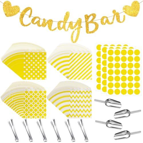 114PCS Candy Bar Accesorios Set,Contiene 100 Bolsas de Candy Bar,3 Pegatinas,6 Pieza Pinzas de Candy,4 Cucharas,1Candy Bar Banner para caramelo, bar, boda, fiesta, cumpleaños,barbacoa