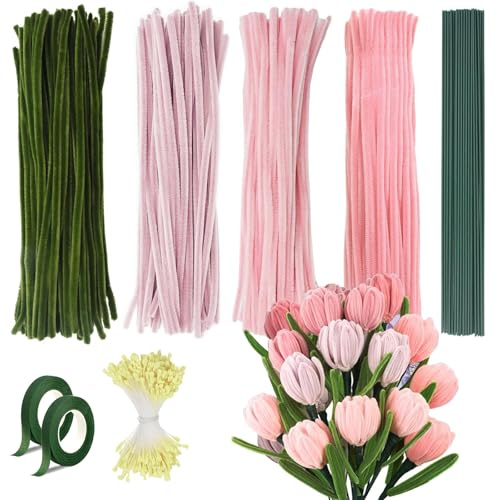 Barlone 400 limpiapipas para manualidades, flores, 4 colores, juego de flores, con 20 alambre de flores, 2 cintas de crepé, 350 flores estambres para ramo de flores, limpiador de pipas para