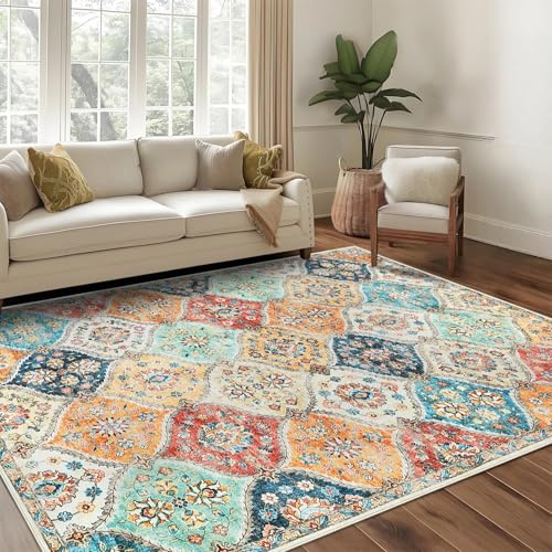 LuxFocus Vintage Living Room Rug 160x230 cm Moroccan Low Pile Carpet Orange | Washable Area Rug for Bedroom Dining Room Office, Floral Boho Traditional Oriental Design, Non Slip Ultra-Thin Print Pattern