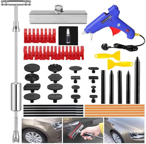Professional Paintless Dent Removal Kit - Adjustable Car Dent Puller Tool with T-Bar & Glue Gun for Auto/Motorcycle/Hail Damage Repair