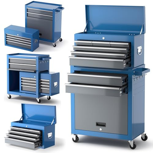 AIRAJ Heavy Duty Tool Chest 8-Drawer | Large Tool Chest on Wheels | Detachable Top Metal Tool Box | Garage Storage Tool Cabinet for Repair Room,Warehouse | Rolling Tool Box with Hooks,Liners,Blue
