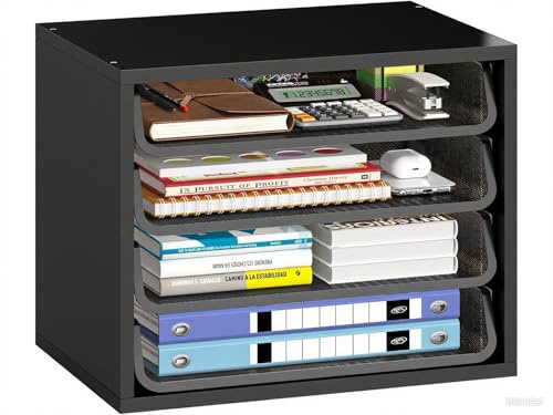 Simple Trending Desk File Organizers, 4-Tier Letter Tray Paper Organizer with File Holder, Wooden Paper Sorter for Office Supplies, Black
