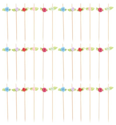 BIUDECO Palillos de Frutas Decorativos de Madera y Tela Diseño de Flores, Resistentes, 100 Unidades para Reuniones Familiares y Restaurantes