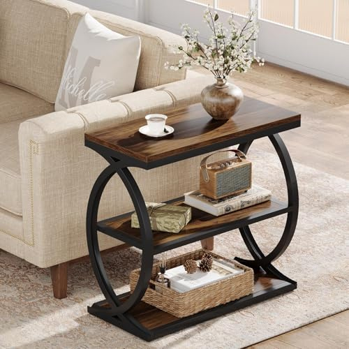 Tribesigns Table d'appoint étroite à 3 niveaux, table d'appoint industrielle en bois avec cadre en métal, petite table de chevet pour chambre à coucher, petits espaces, marron rustique