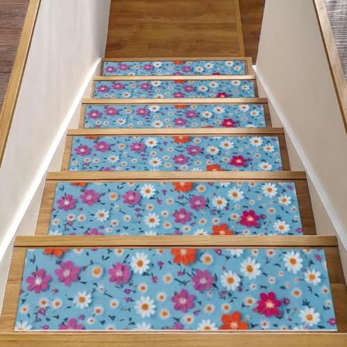 Tappetini per scale in legno, motivo margherite, confezione da 15, 76,2 x 20,3 cm, antiscivolo, per interni, per cani, bambini, anziani, con adesivo riutilizzabile