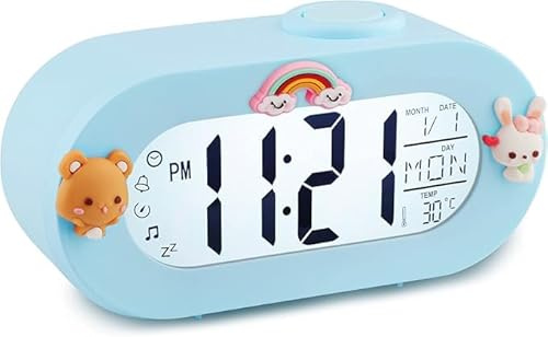 Ayybboo Wecker Kinder Digital mit Snooze,8 Klingeltönen,Countdown,LCD-Anzeige,Batteriebetrieben Kinderwecker für Schulanfänger Mädchen Jungen（Himmelblau）