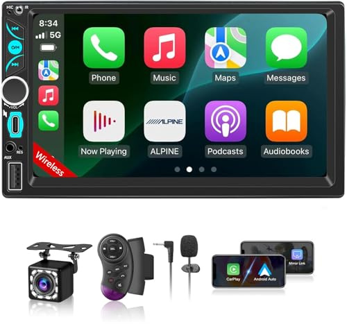Wireless Double Din Car Stereo Apple Carplay Radio Screen for Car Audio Receivers, Bluetooth Car Play Android Auto 7 Touchscreen, Car Radio Support Bluetooth, SWC, Mirror Link, FM/AM, Type-C
