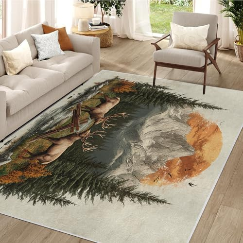 buyluhn Waschbarer Kurzflor-Teppich 120x170 - Elch Gebirge Teppiche - Retro Wildnis Natur Outdoor Dünn Saugfähig Carpet Für Wohnzimmer Schlafzimmer Jugendzimmer Oder Als Bettvorleger QY24