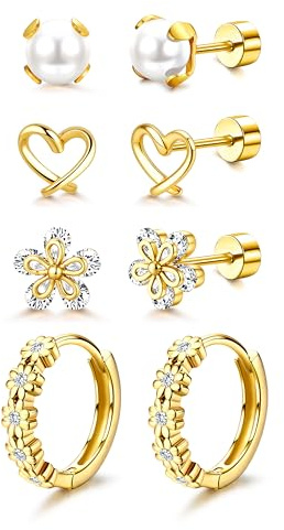 Roheafer 4 Par Örhängen Kvinnor Rostfritt Stål Allergivänliga Ljuspunkt Örhängen Liten Cirkel 14K Guldpläterad Söt Örhänge för CZ Hjärta Blomma Fjäril Piercing Öra, Rostfritt stål, Inga ädelstenar