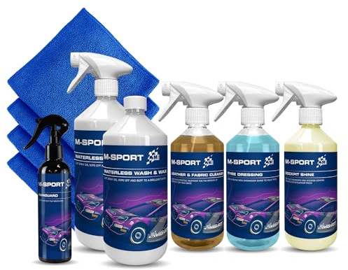 HYDROLEX M-Sport 10-Piece Car Cleaning Kit - 2 x Waterless Wash & Wax, Leather Cleaner, Tyre Dressing, Cockpit Shine, Rainguard, 4 x Microfibre Cloths