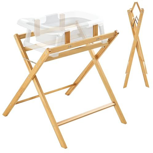 FUNLIO Wooden Baby Bathtub Stand, Foldable Baby Bath Stand for 0-24 Months, Safe & Sturdy with 8-Point Support, Durable infant Tub with Waterproof Coating, 110lbs Capacity