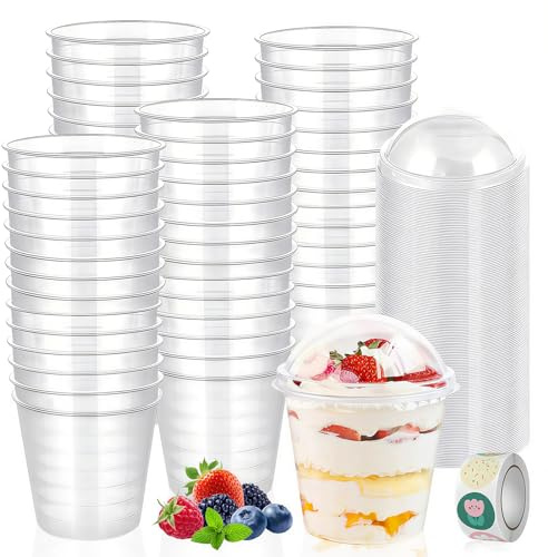 Kokoie 50 Stück Dessertbecher Plastik mit Deckel, 200ml Wiederverwendbar Transparent Dessertgläser Runden Dessertschalen für Desserts Pudding Mousse Eis Zuhause