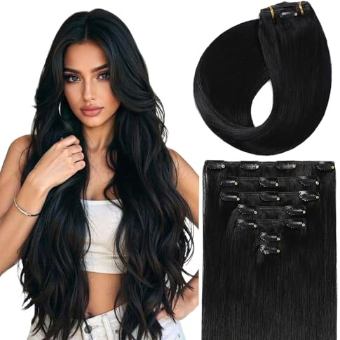 Sunya Clip in Extensions Echthaar Jett Schwarz 30cm 70g | Invisble Glatt Haar Skin Weft, Für Feines, Normales Haar, Remy Echthaar,Clip-In Extensions, Mehr Volumen