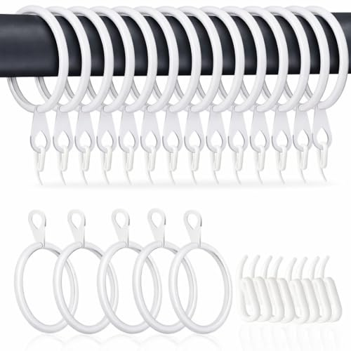 HOMMAKR 24 Pcs White Curtain Rings and Hooks, 32mm Ancient and Excellent Metal White Curtain Ring with Eyelet for Hooks, Rustpoof Cutain Rail Rings for Window Rods Shower Curtains