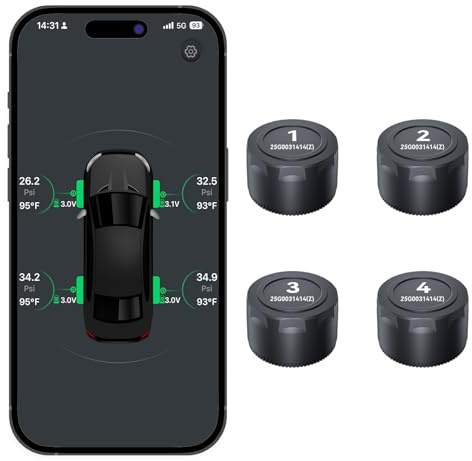 Schneiburg Bluetooth Reifendruckkontrollsystem mit 4 externen Sensoren Bluetooth Reifendrucksensor Reifen Sensor APP für Autos und Motorräder