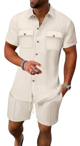 Oanviso Completi Tuta da Uomo Moda 2 Pezzi Casual T-Shirt Camicia Poloshirts Con Bottoni Manica Corta + Pantaloncini da Spiaggia Tute Allenamento Estivo