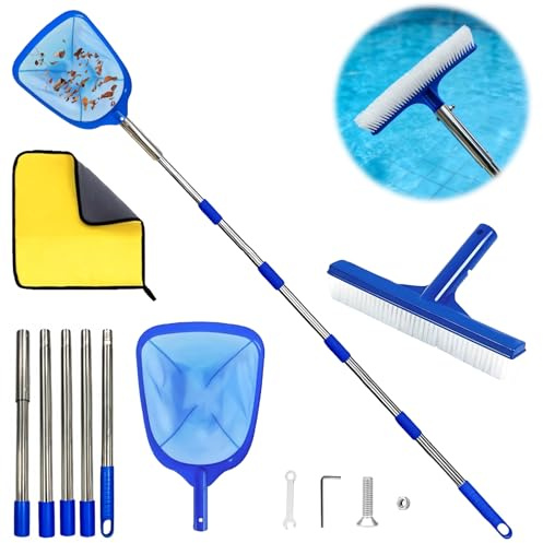 Pool Kescher,Poolkescher 220cm,Laubkescher,Kescher Pool Feinmaschig,Teichkescher mit Teleskopstange,mit Bürste und Putztüche,für Schwimmbad,Spas,Teich,Whirlpools