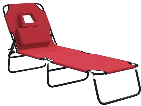 Fisinber Sonnenliege Klappbar mit Gesichtsaussparung, 5-Fach Verstellbare Gartenliege aus Oxford-Gewebe und Stahl, 189x56x83 cm Dreibeinliege für Strand Garten Pool Terrasse, Rot