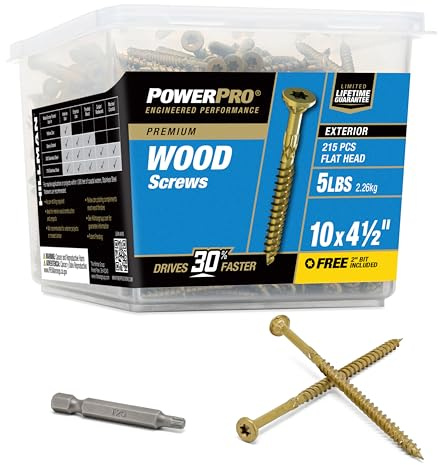 Power Pro 48616 Wood Screws, #10 x 4-1/2, Premium Outdoor Deck Screws, Rust Resistant, Epoxy Coated Bronze, 5lb Tub, 237 pcs