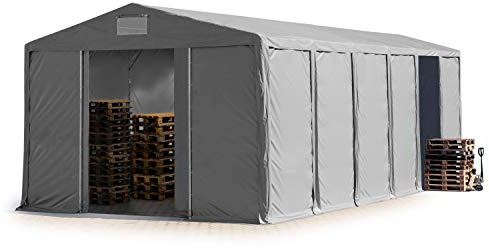 TOOLPORT Lagerzelt Industriezelt 8x12 m Zelthalle mit 4m Seitenhöhe PVC Plane 850 N grau wasserdicht Ganzjahreszelt mit Schiebetor