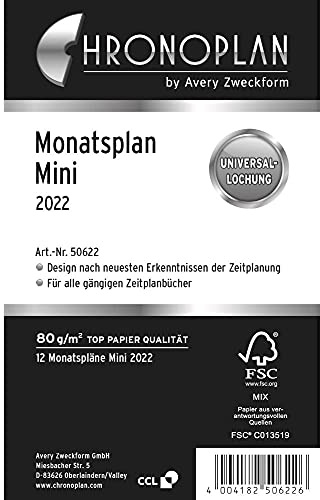 Chronoplan 50622 Kalendereinlage 2022, Monatsplan im Mini Format (79x125mm), Ersatzkalendarium, ideal für übersichtliche Monatsplanung, Universallochung (je ein Monat pro Seite zum Ausklappen), weiß