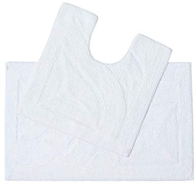 HOMESCAPES Bath Mat Set, Luxury 1600gsm Extra Soft 100% Cotton, Reversible Bathroom Mat Sets 2 Piece, Washable, Non-Slip, Super Absorbent, Quick-Dry, White Bathroom Rug with Toilet Rug