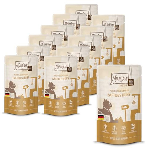 MjAMjAM - Premium Nassfutter für Katzen - Quetschie - saftiges Hühnchen pur, 12er Pack (12 x 125 g), getreidefrei mit extra viel Fleisch