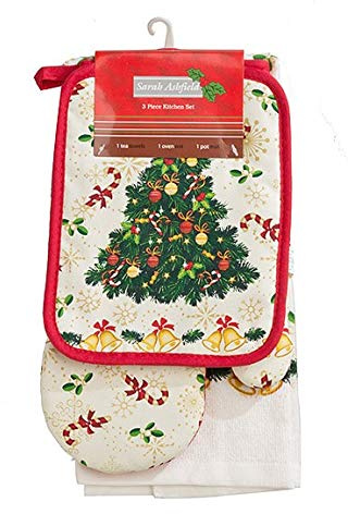 Ethel May 3 Pack Christmas Festive Xmas Tea Towel Set includes Tea Towel Oven mitt Gloves and Pot Mat Santa, Snowman, christmas tree and baubles (Christmas tree)