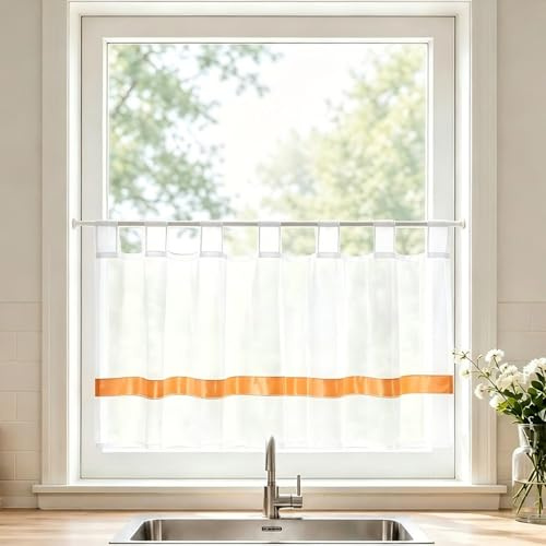 Joyswahl Scheibengardine Voile Bistrogardine Schlaufen Julie 45x120 Orange | mit Satinband,Küche Kurzgardine,1er Pack,Küchengardinen modern,Kurzstores Transparent,Fenstergardinen,Gardinen kurz