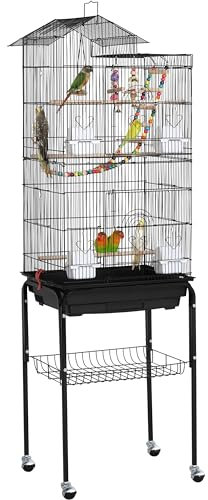 Yaheetech Gabbia Voliera per Uccelli Pappagalli Calopsite Inseparabili con Piedistallo Ruote in Metallo Posatoi in Legno Giocattoli da Interno e Esterno Nera 46 x 35,5 x 158,5 cm
