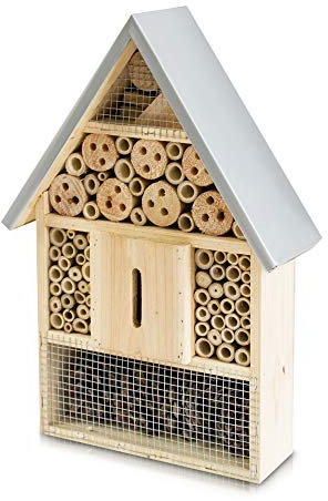 FiNeWaY Natural Wood Insect Bee Hotel House - Garden Shelter Bamboo Nesting Habitat - For Bees Butterflies Ladybugs Bugs – Hanging or Free Standing (Large/Galvanised Roof)