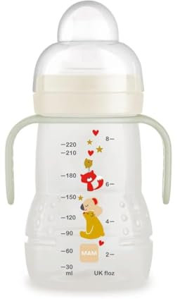 MAM Tasse d'entraînement Night, avec tétine en silicone Skinsoft anti-goutte, facile à attraper, avec poignées qui brillent dans le noir, 4 mois 220 ml, neutre