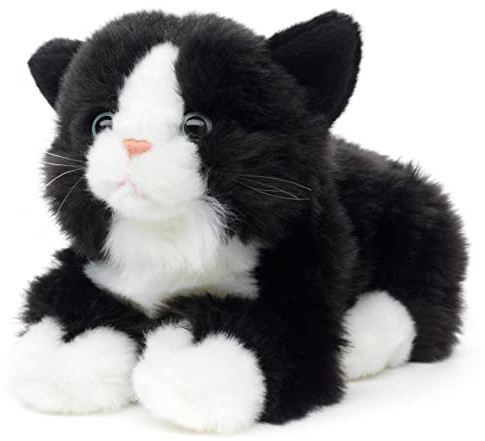 Uni-Toys – katt svart-vit, liggande – 20 cm (längd) – plyschkattunge – plyschdjur, gosedjur, gosedjur