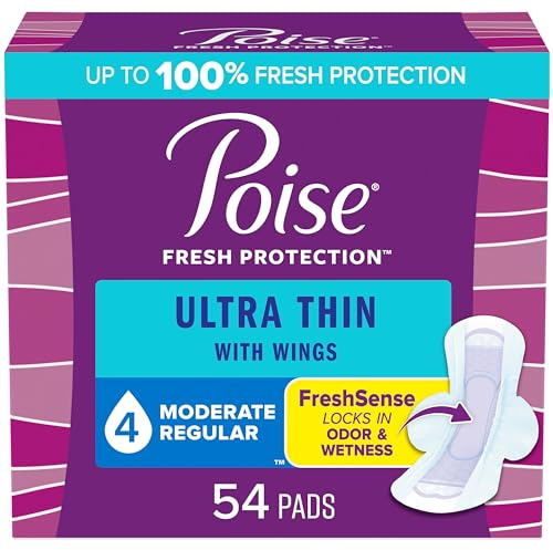 Poise Ultra Thin Incontinence & Postpartum Pads with Wings for Bladder Leaks, 4 Drop Moderate Absorbency, Regular Length, 54 Count, Packaging May Vary
