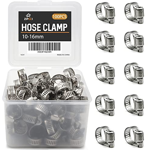 ZIPCCI Hose Clamp, 100 Pack Stainless Steel Hose Clamps Worm Gear Fuel Line Pipe Clamps, 10-16mm (1/2 inch)