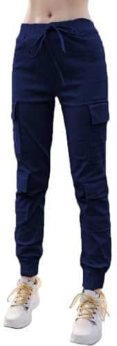 Nuofengkudu Petite Pantalones Cargo Mujer Elasticos Harem Pantalon con Bolsillos Stretch Cintura Tobillo Pantalón Chica Joven Punk Deportivo Jogging Jogger Pants Hip Hop Moda Casual Azul Marino S