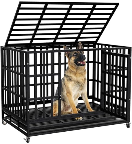 SHUSHIM 48 Inch Heavy Duty Dog Crate Kennel with Wheels, High Anxiety Indestructible Dog Crates for Large Dogs, XL XXL Extra Large Dog Crate with Removable Plastic Tray, Two Locks (Black, Square)