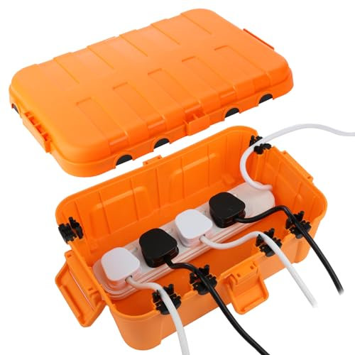 RESTMO Boîte Protection Étanche IP54 Extra Large (32x22x13cm) – Pour Multiprise Extérieure, Org. Câbles (6 Entrées/Sorties), Résistante UV/Pluie/Gel (Couleur:Orange)