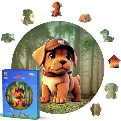 Goldbird Creations Holzpuzzle Für Kinder Ab 4 Jahre - Rundes Kinderpuzzles Holz 50 Teile - Holz Puzzle Tiere Für Mädchen Oder Jungen - Wooden Puzzle - Geburtstags Weihnachten Geschenke (Hund)