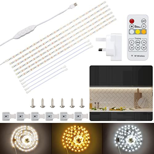 AOYADAISU Under Cabinet Lighting Kit, 6PCS*50cm Flexible USB LED Strip Lights, Under Counter Lights with Remote Control, 3000K-6000K Dimmable Lights for Kitchen,Cupboard,Desk,12v Adapter