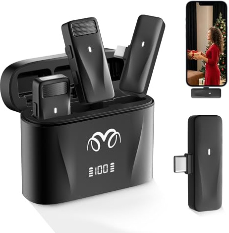 Threesheep Mini micrófono inalámbrico tipo C de solapa para iPhone 15, Android USB C, paquete de 2 con funda de carga, micrófono Lav con cancelación de ruido, micrófono de clip para grabación,